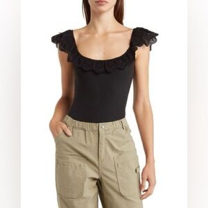 Good Luck Gem Eyelet Trim Puff Sleeve Ribbed Bodysuit in Black Size S